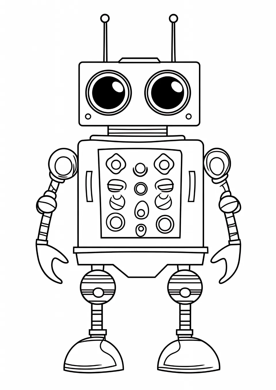 Robot coloring sheet featuring a rectangular robot with two antennas, large round eyes, and claw hands