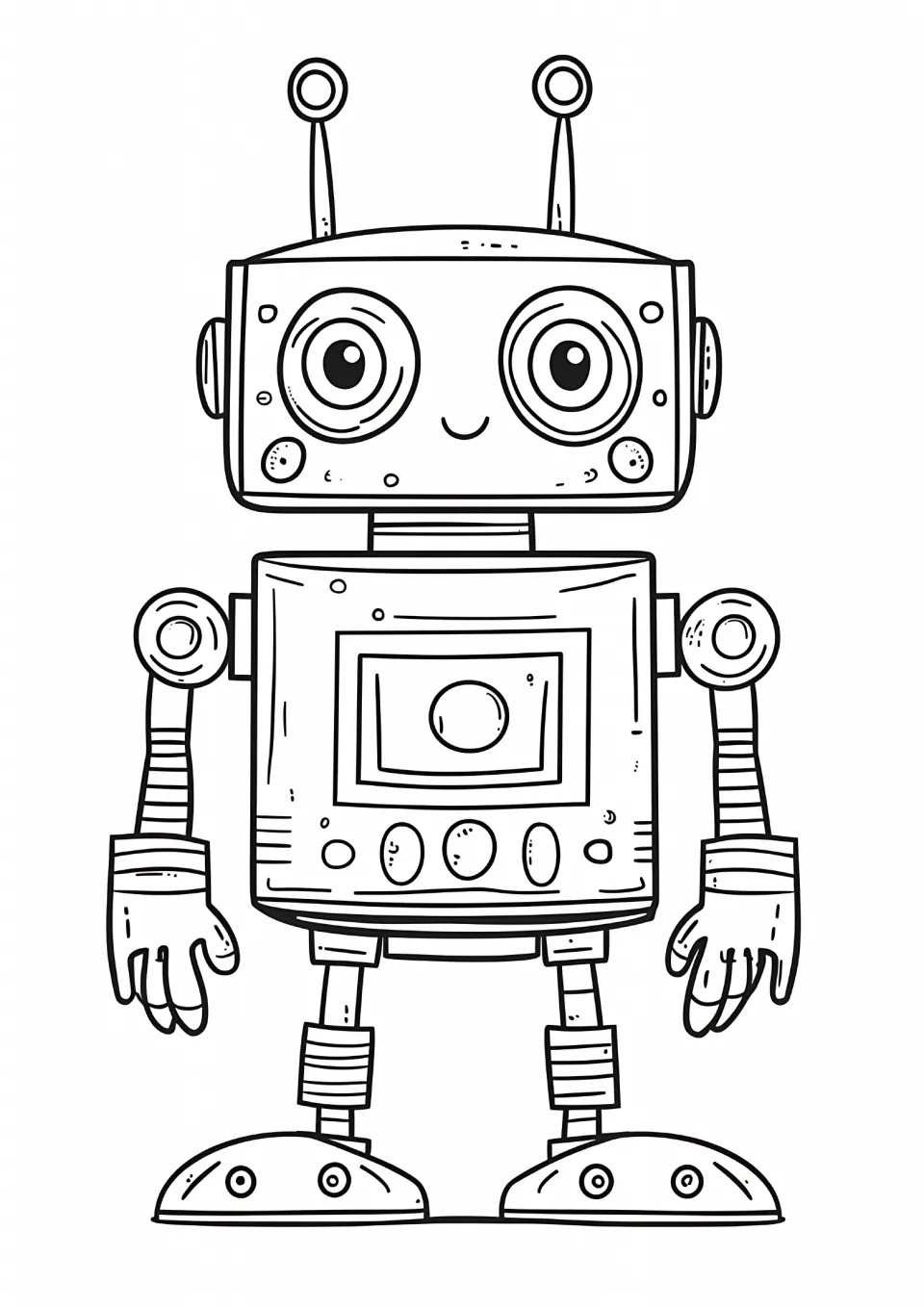 Robot coloring sheet featuring a smiling robot with ring-tipped antennas and a screen on its rounded body