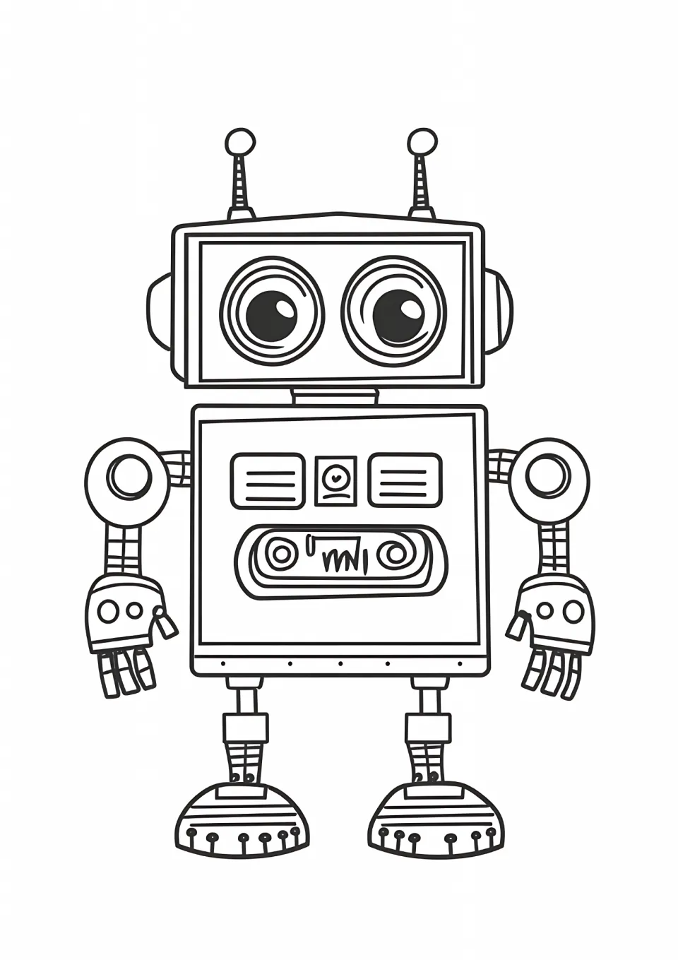 Robot coloring sheet featuring a square-bodied robot with two chest vents, a control panel, and fingered hands