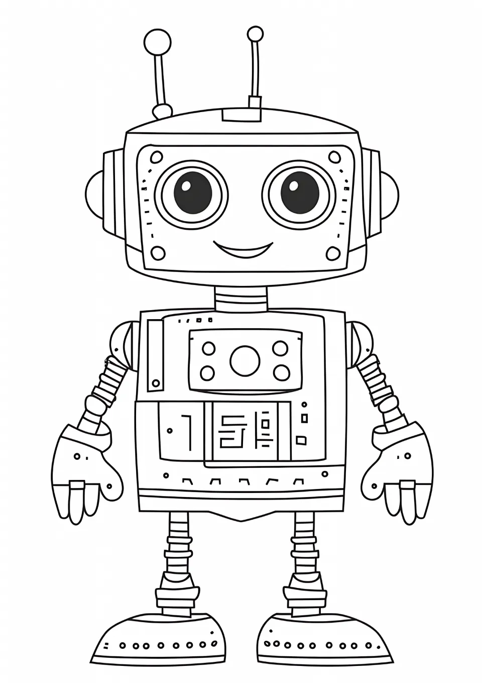 Robot coloring sheet featuring a smiling robot with two antennas, chest buttons, and segmented arms and legs