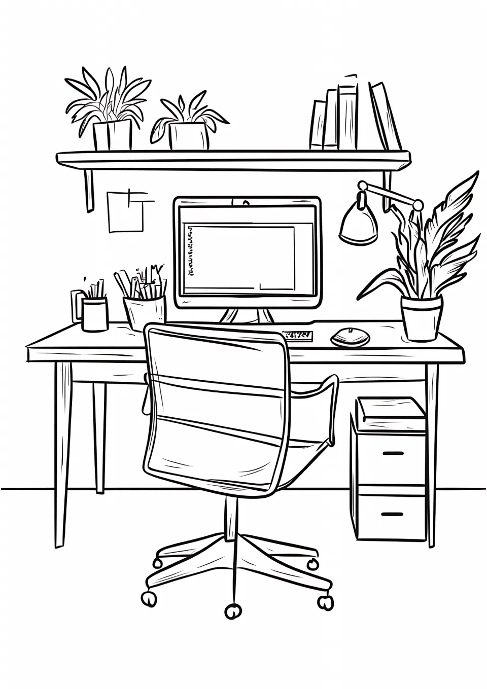 Technology coloring sheet featuring a computer workstation with a monitor, mouse, chair, lamp, and plants