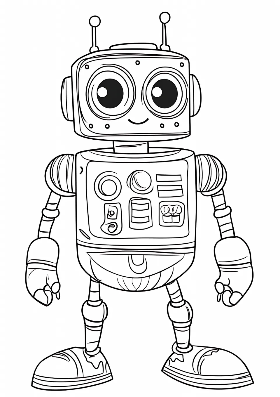 Robot coloring sheet featuring a smiling robot with rounded shoulders, chest controls, and oversized shoes