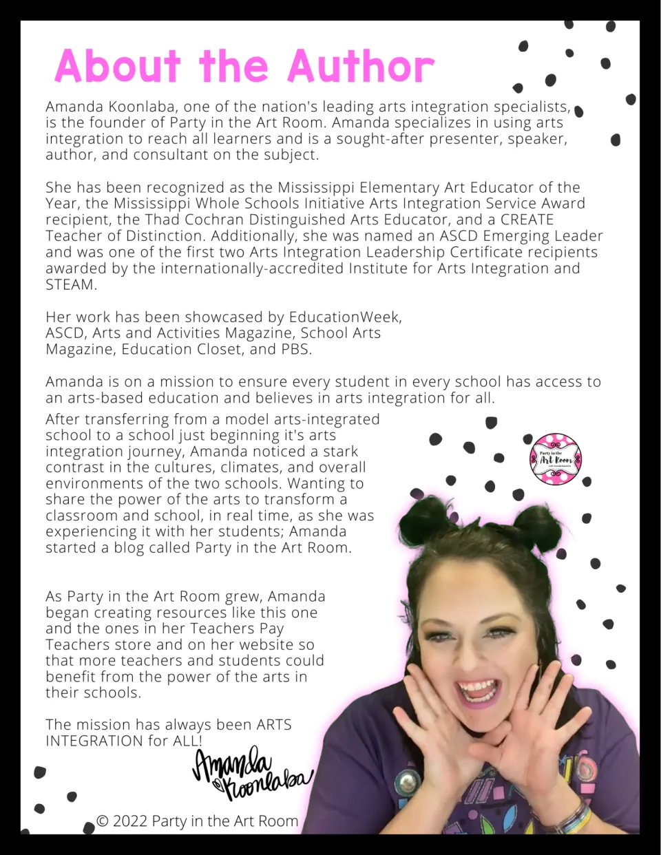 About the Author introduction to Amanda Koonlaba, founder of Party in the Art Room, and her arts integration work