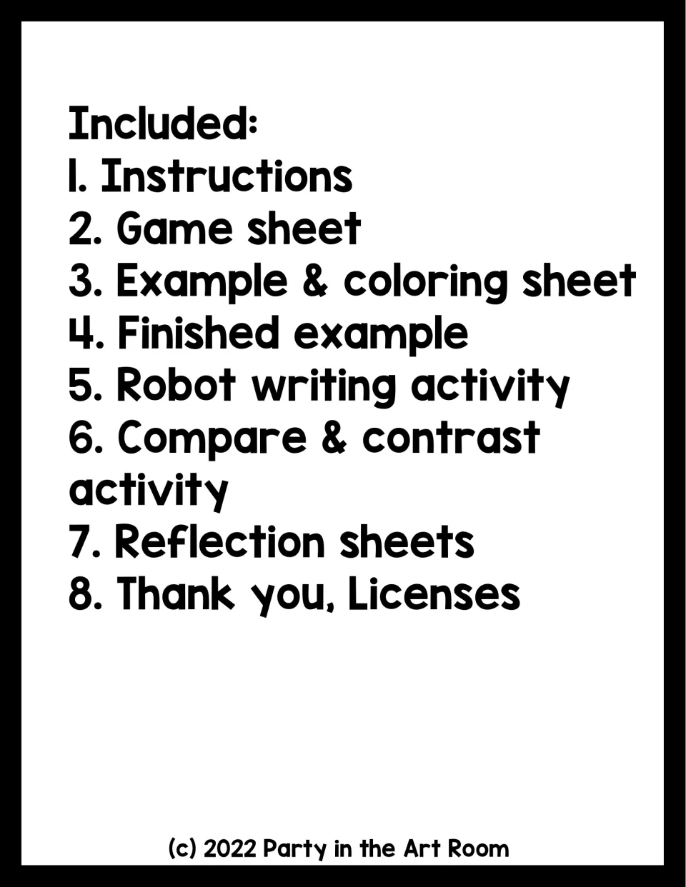 Contents list for the robot lesson: instructions, game sheet, coloring example, writing, reflection, and more