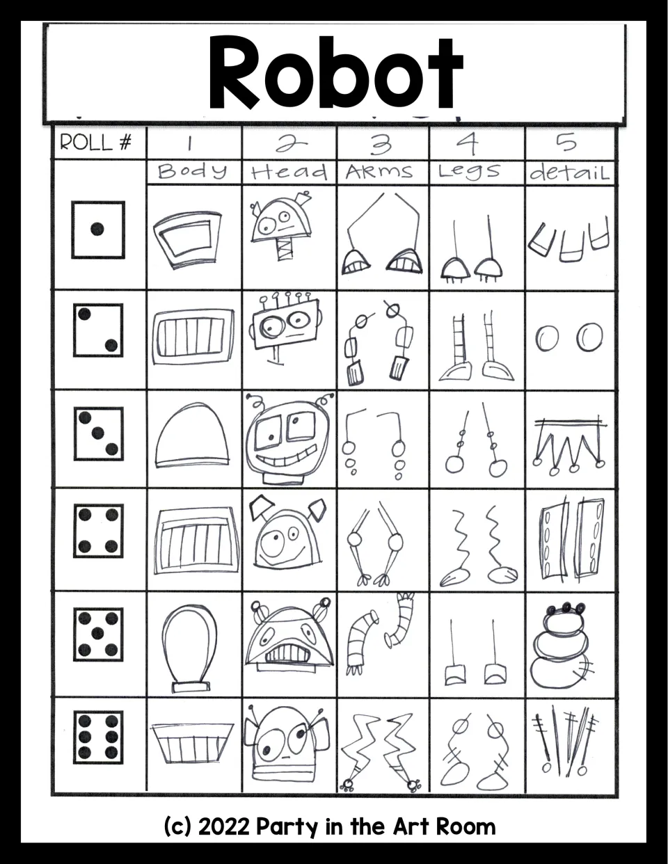 Robot drawing game sheet offers six choices for each of five rolls: body, head, arms, legs, and detail