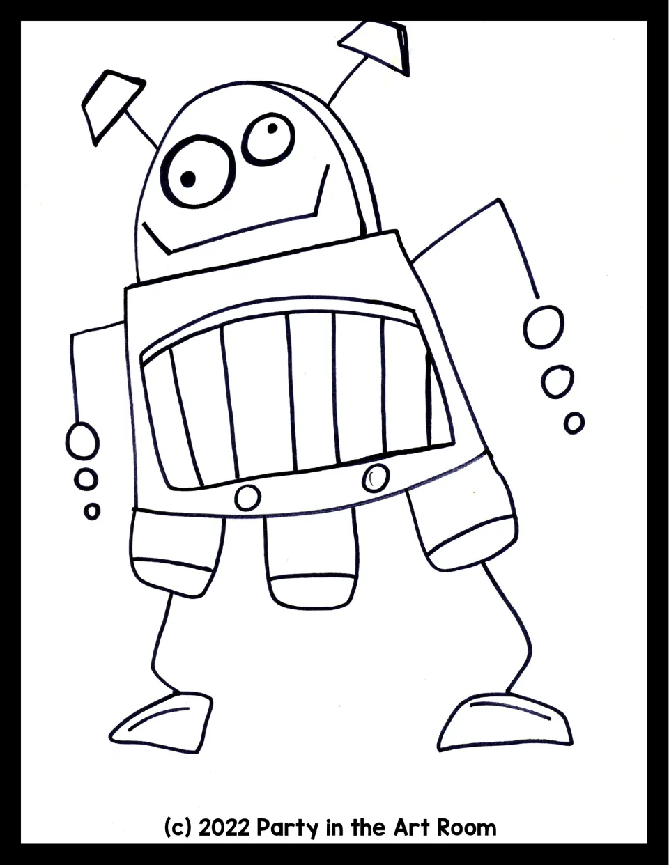 Robot example and coloring sheet shows a robot with a rounded head, rectangular body, and bent legs