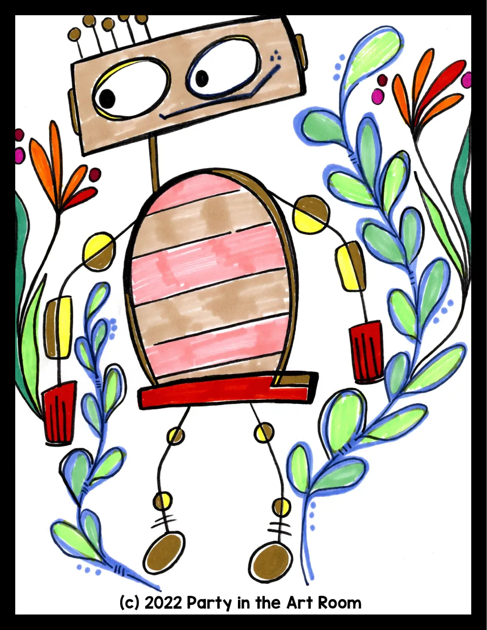 Finished robot artwork models color and added details with a striped oval body, rectangular head, and plants
