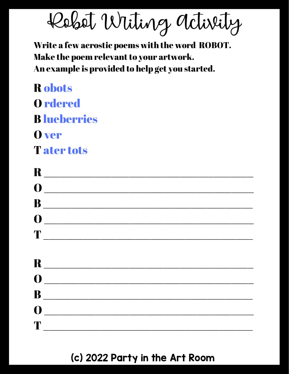 Robot writing activity asks for acrostic poems using ROBOT, with one completed example and two spaces to write
