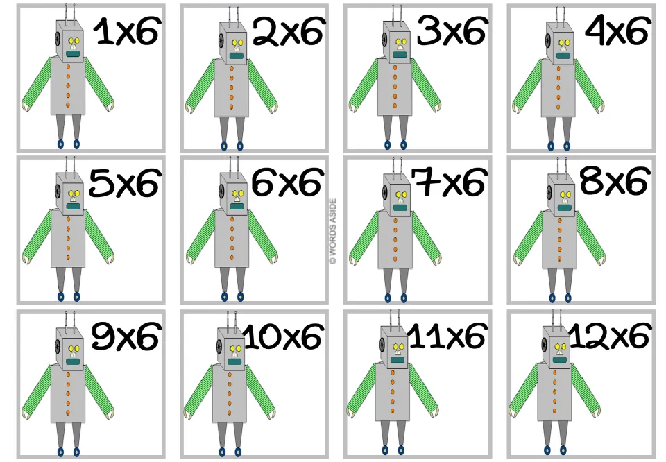 Multiplication-by-6 flashcards showing all 12 facts from 1×6 through 12×6, with no products printed