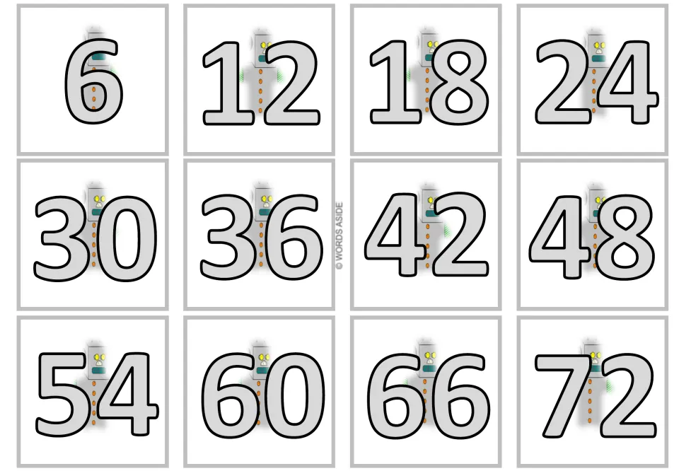 First product card sheet for the ×6 flashcards: 6, 12, 18, 24, 30, 36, 42, 48, 54, 60, 66 and 72 in gray