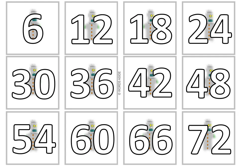 Second product card sheet for the ×6 flashcards: 6, 12, 18, 24, 30, 36, 42, 48, 54, 60, 66 and 72 in gray