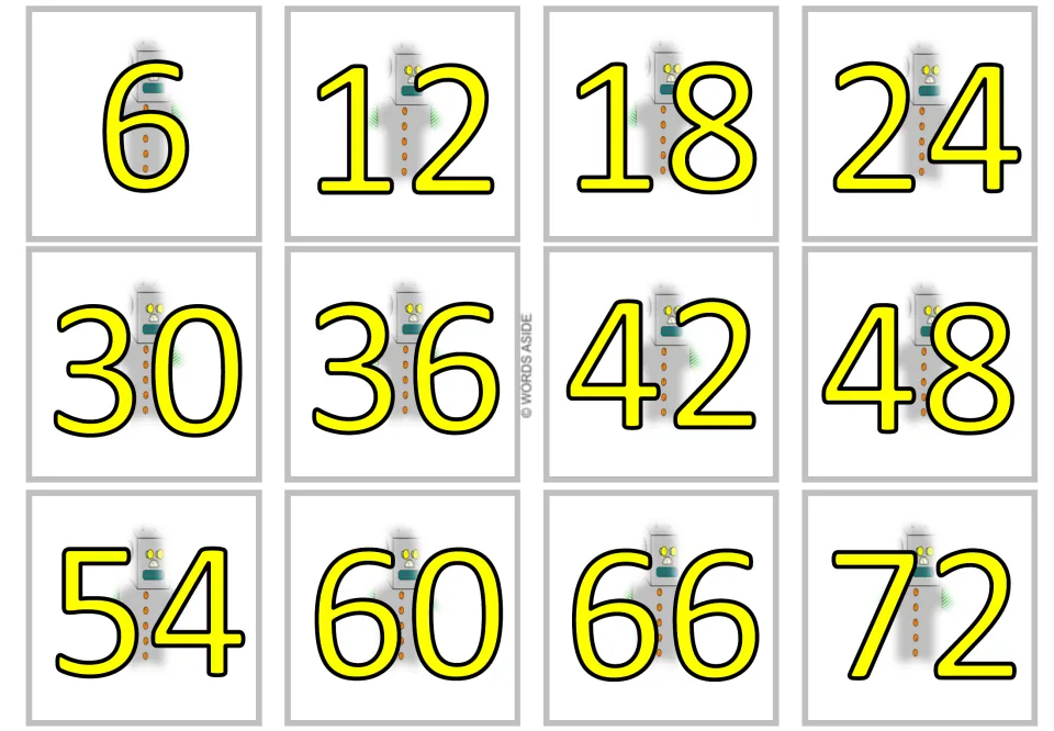 Yellow product cards for the ×6 flashcards show 6, 12, 18, 24, 30, 36, 42, 48, 54, 60, 66 and 72