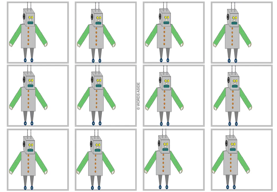 Robot-only sheet in the multiplication-by-6 flashcard resource, with 12 full robot cards and no numbers