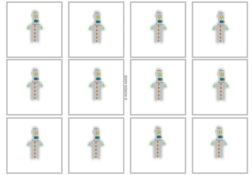 Robot-only sheet in the multiplication-by-6 flashcard resource, with 12 faded robot cards and no numbers