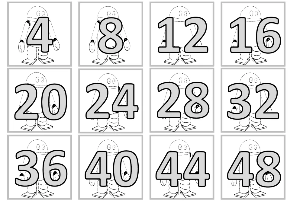 First sheet of 12 multiplication product cards showing multiples of 4 from 4 through 48 over robot pictures