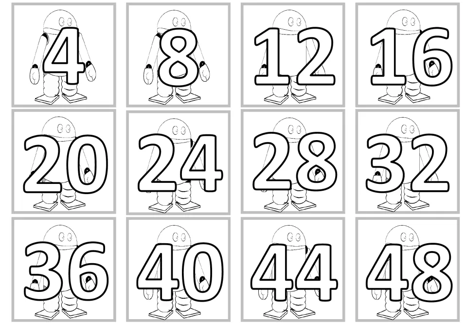 Second sheet of 12 multiplication product cards showing multiples of 4 from 4 through 48 over robot pictures