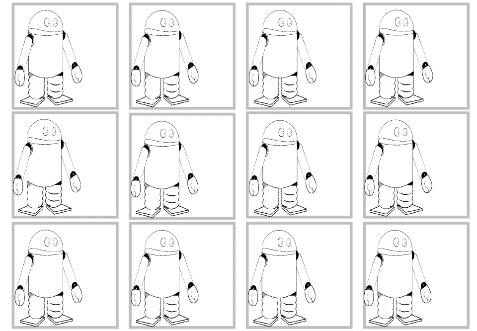 First blank sheet of 12 robot craft cards for customization in the multiplication set, without printed facts