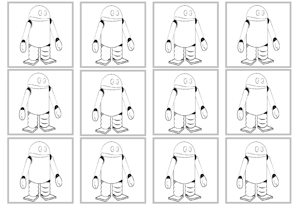 Second blank sheet of 12 robot craft cards for customization in the multiplication set, without printed numbers