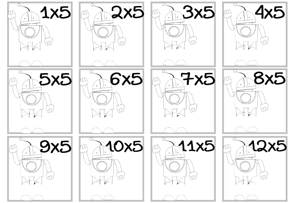 Multiplication craft cards showing the 12 facts from 1×5 through 12×5, with robot pictures to color.