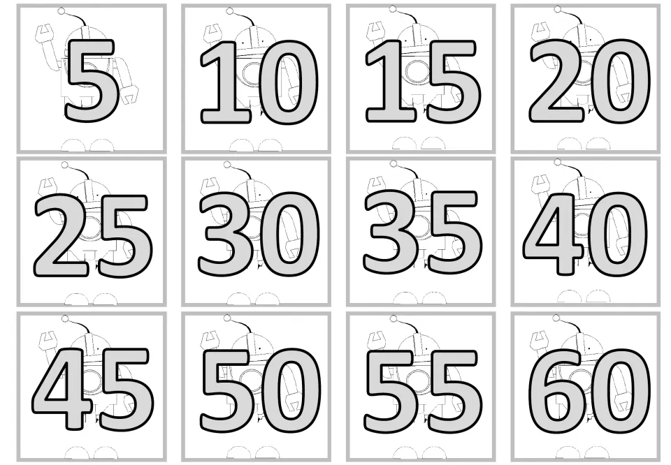 First product card sheet for the ×5 craft set, showing 12 multiples of 5 from 5 through 60 over robots.