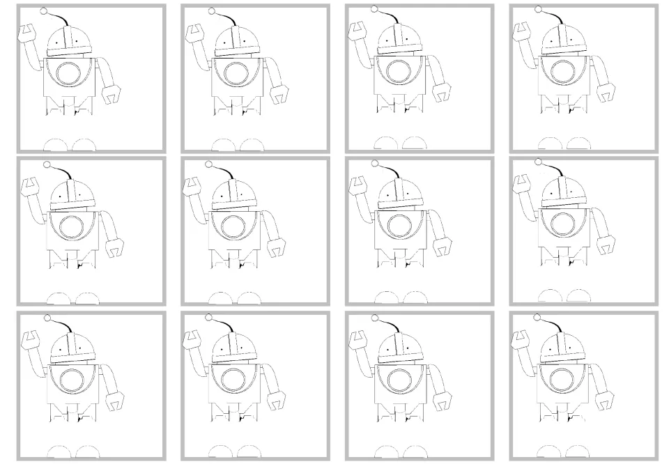 First blank card sheet in the multiplication craft set, with 12 robot pictures to color and no numbers.