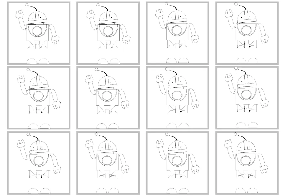 Second blank card sheet in the multiplication craft set, with 12 robot pictures to color and no numbers.