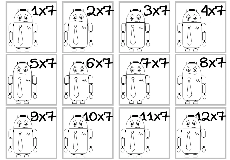 Multiplication craft cards showing all 12 facts from 1 × 7 through 12 × 7, each with a robot to color