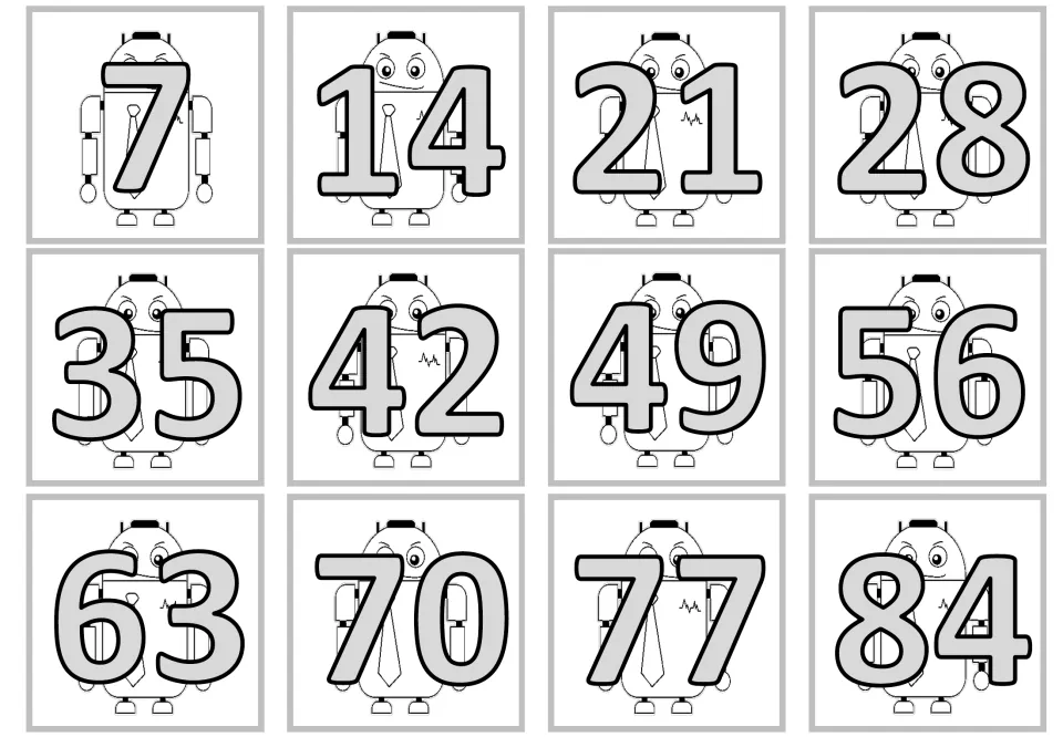 Multiplication product cards with gray-filled numbers: 7, 14, 21, 28, 35, 42, 49, 56, 63, 70, 77, and 84