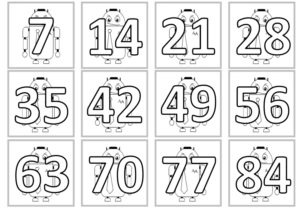 Multiplication product cards with unfilled numbers: 7, 14, 21, 28, 35, 42, 49, 56, 63, 70, 77, and 84