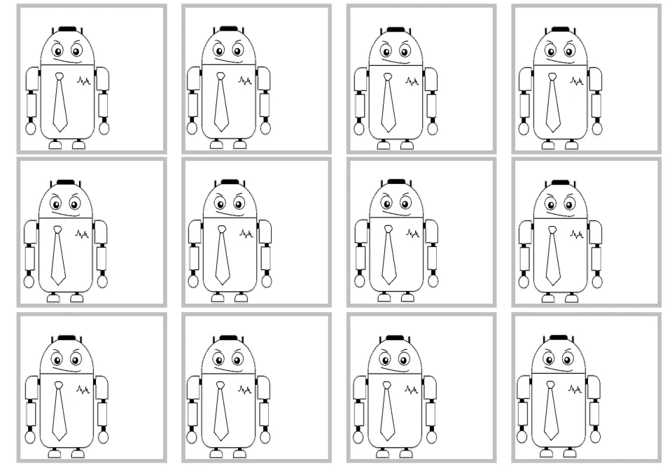 First blank sheet of 12 robot multiplication craft cards, with robots on the left and no facts or numbers