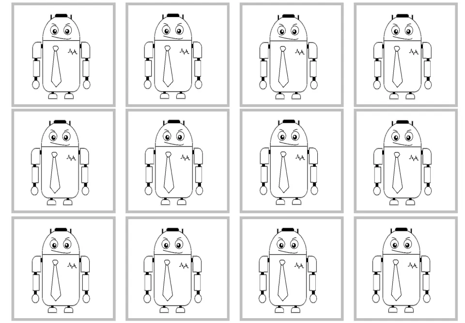 Second blank sheet of 12 robot multiplication craft cards, with centered robots and no facts or numbers