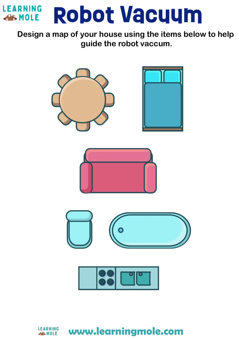 Robot vacuum floor plan: students design a house map using top-down table, bed, sofa, toilet, bath and kitchen icons