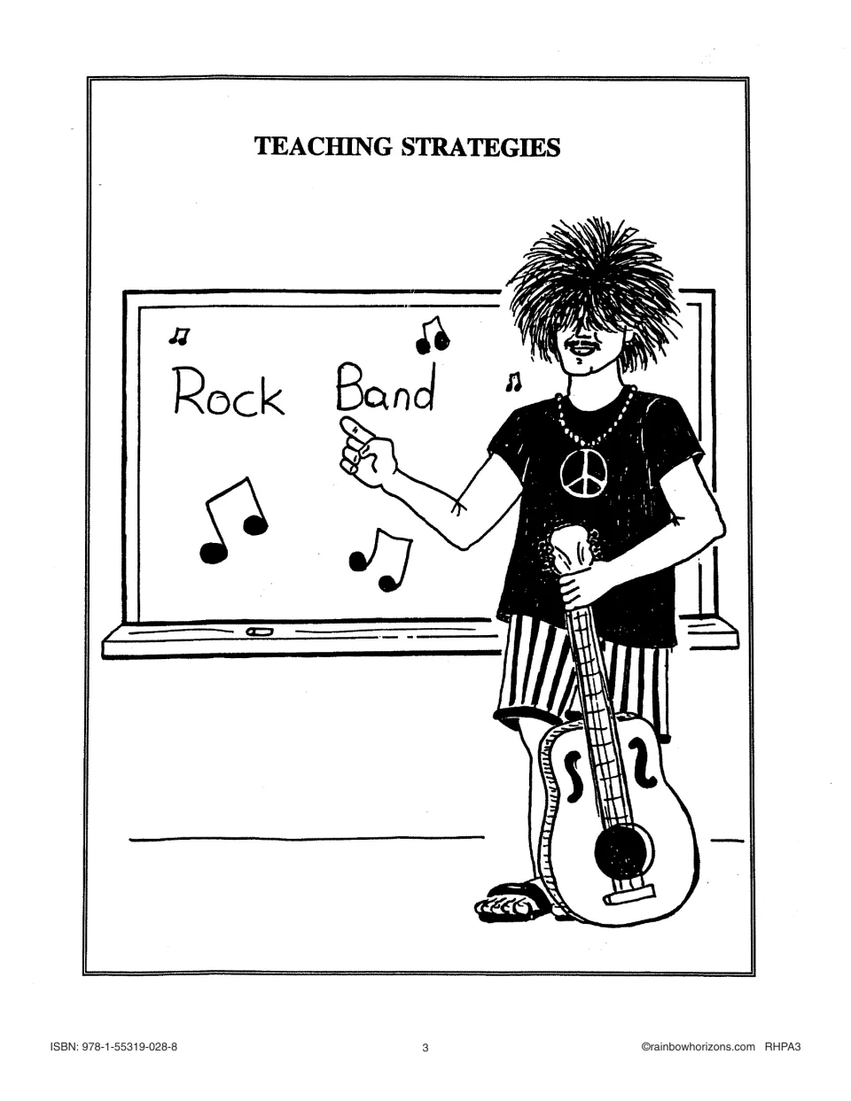 Teaching Strategies section title page: a long-haired guitarist points to 'Rock Band' written on a chalkboard