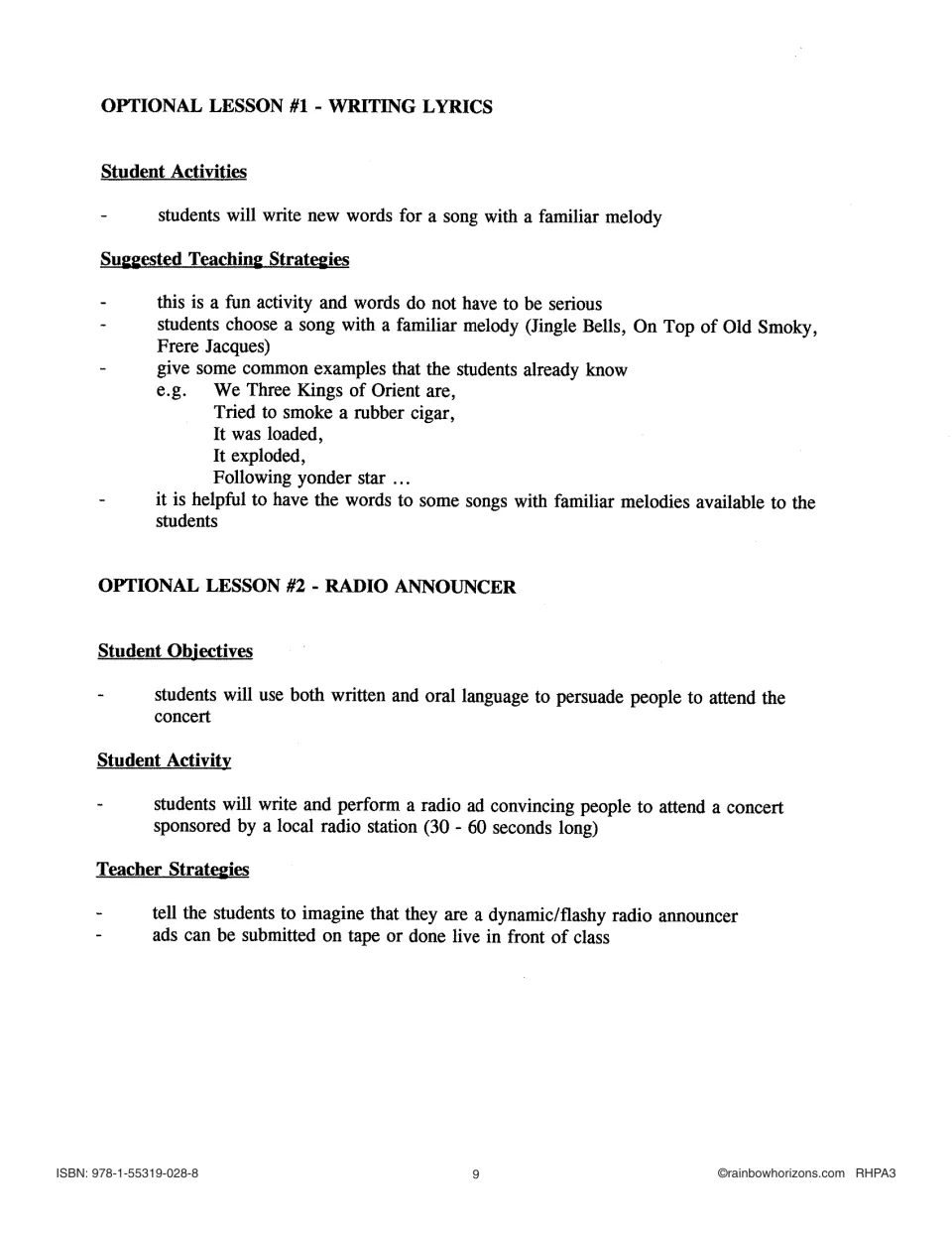 Optional lessons 1 and 2: writing new lyrics to familiar melodies and a 30–60 second radio ad for the concert