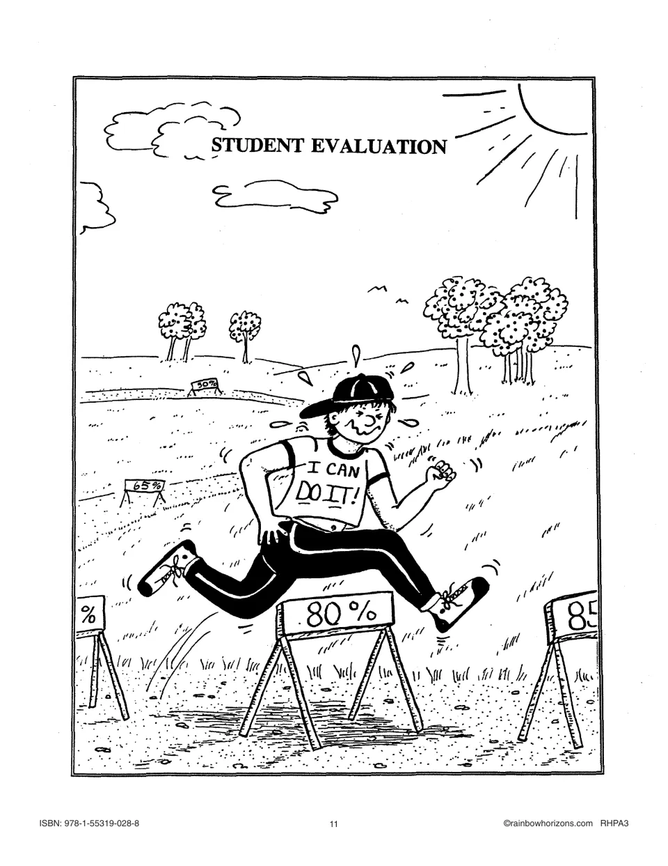 Student Evaluation section title page: a runner in an 'I Can Do It!' shirt jumps an 80% hurdle