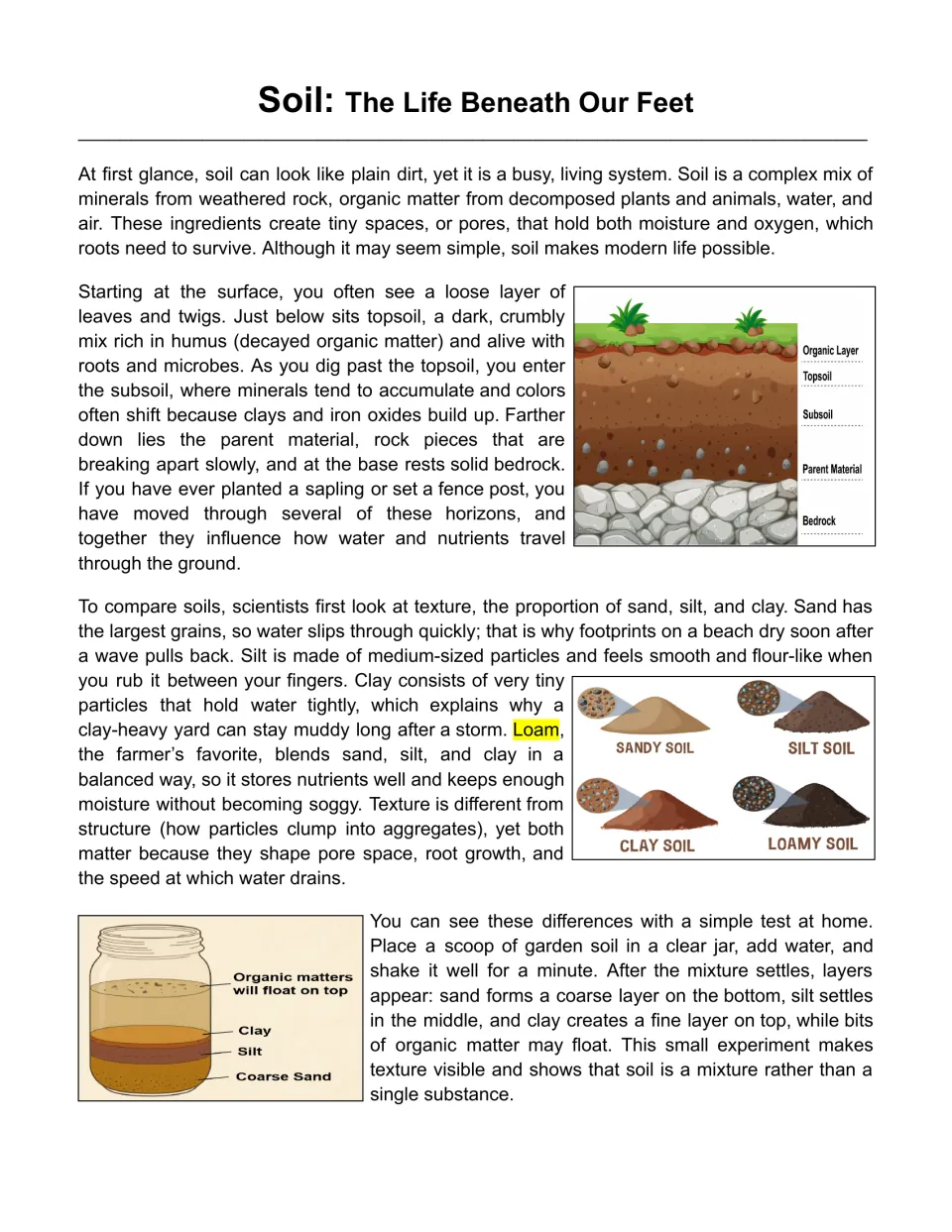Soil: The Life Beneath Our Feet passage to read on soil layers, sand, silt, clay and loam, with a layer diagram and jar test