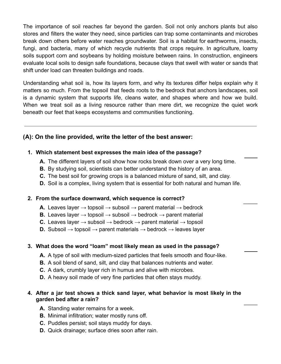 Soil passage ends on why soil matters, then students answer multiple-choice items on main idea, layer order and word loam