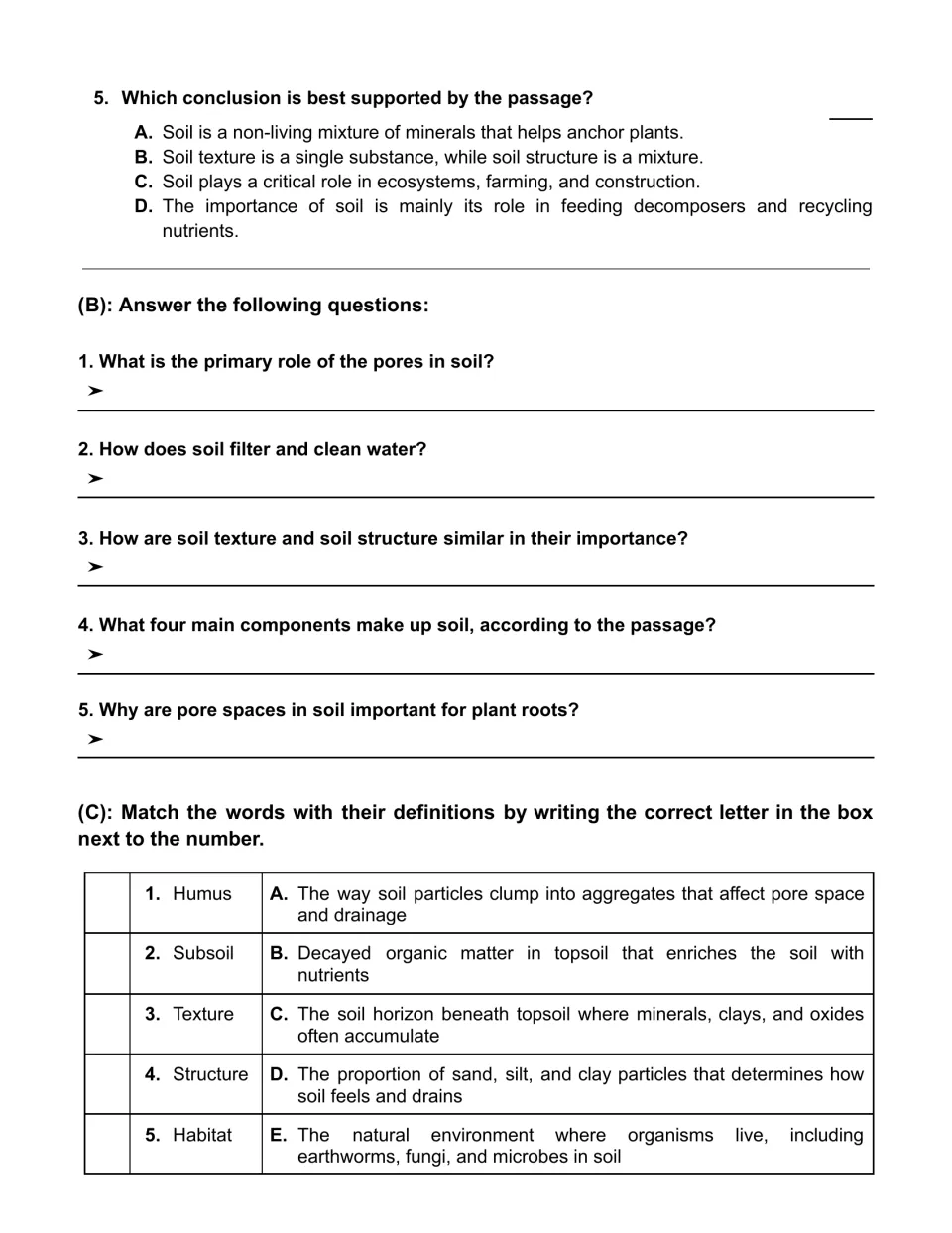 Soil questions: final multiple-choice item, five short answers, and matching terms such as humus and subsoil