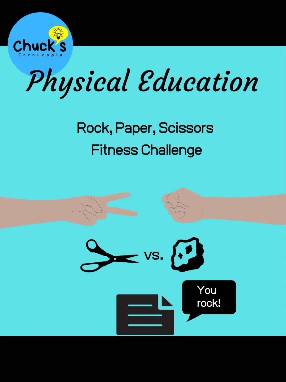 Physical Education cover for Rock, Paper, Scissors Fitness Challenge showing hands mid-game and scissors vs. rock icons