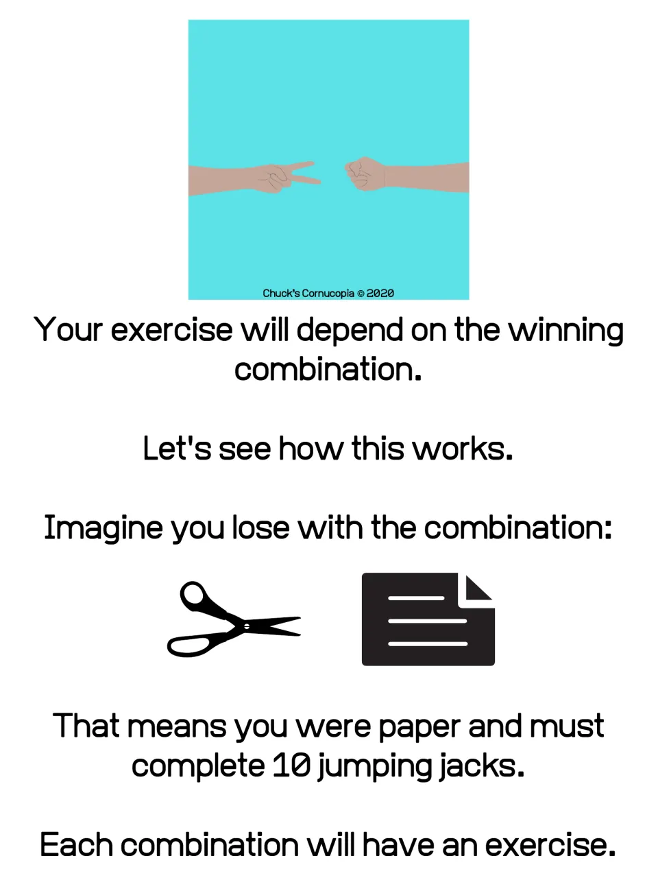 Worked example: scissors beats paper, so the losing paper player does 10 jumping jacks; each combination has an exercise