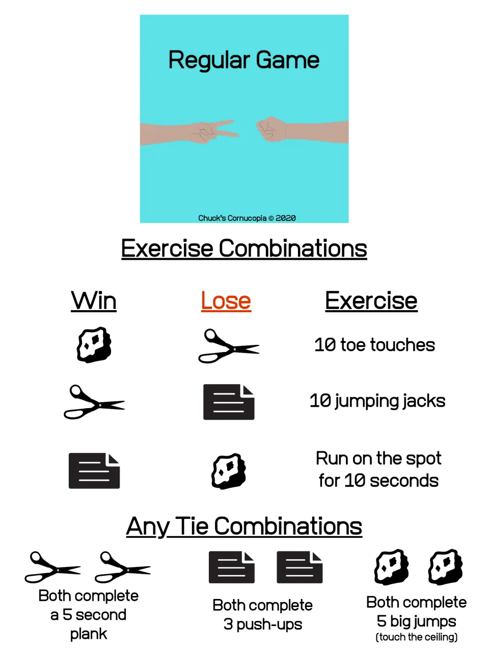 Regular Game chart: 10 toe touches, 10 jumping jacks or running on the spot; ties do a plank, 3 push-ups or big jumps
