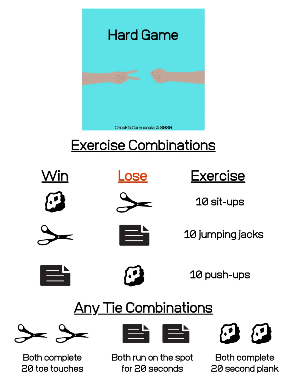 Hard Game exercise chart: losers do 10 sit-ups, jumping jacks or push-ups; ties do 20 toe touches, a 20 second run or plank