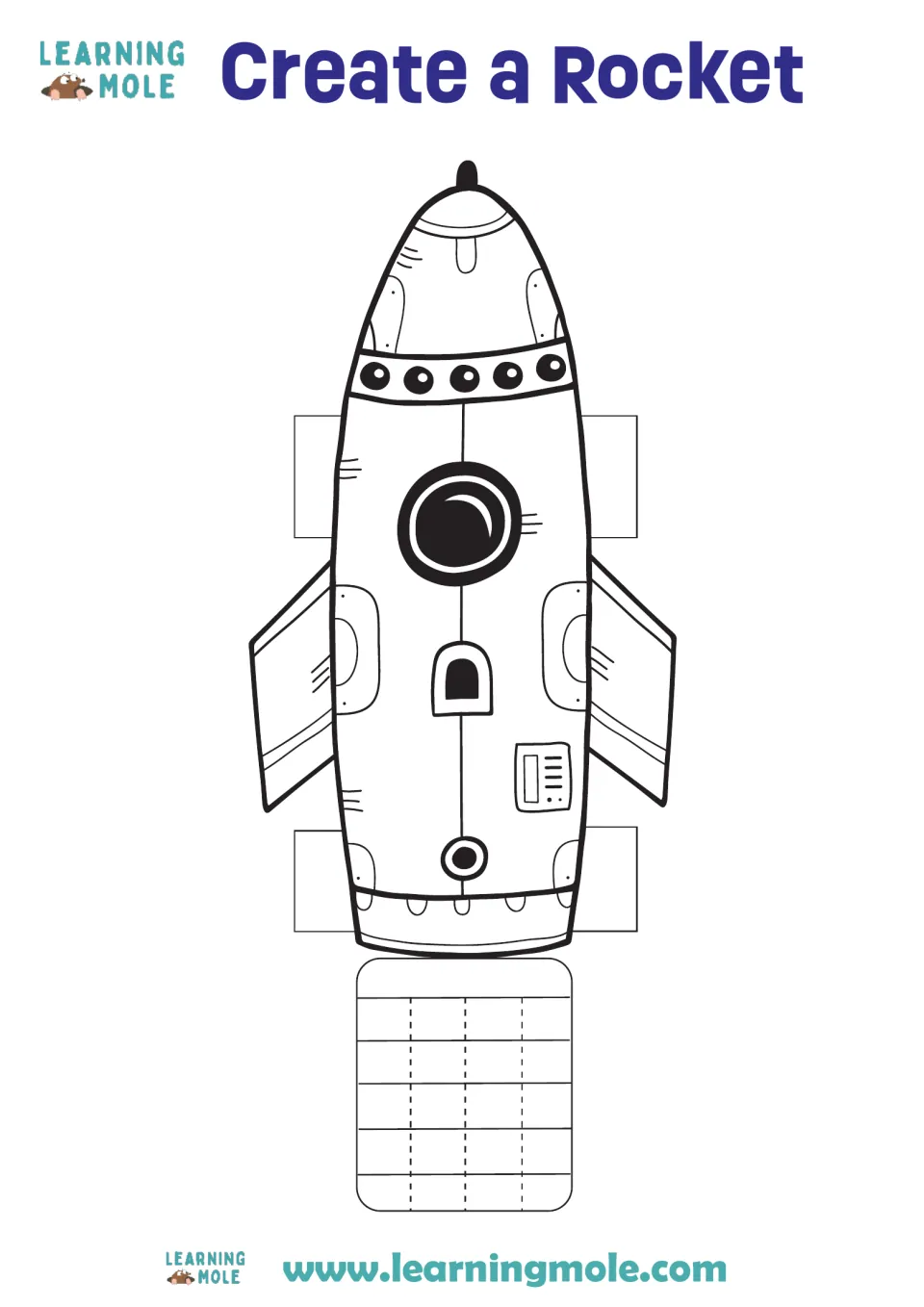 Create a Rocket template: students colour the line-art rocket, then cut it out with its side tabs and dashed flame strip