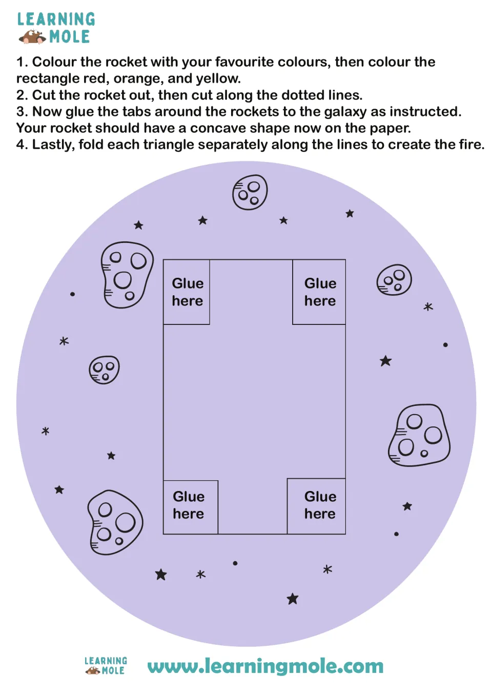Rocket craft steps: colour, cut, glue the rocket tabs to four Glue here spots on a purple galaxy and fold the flames