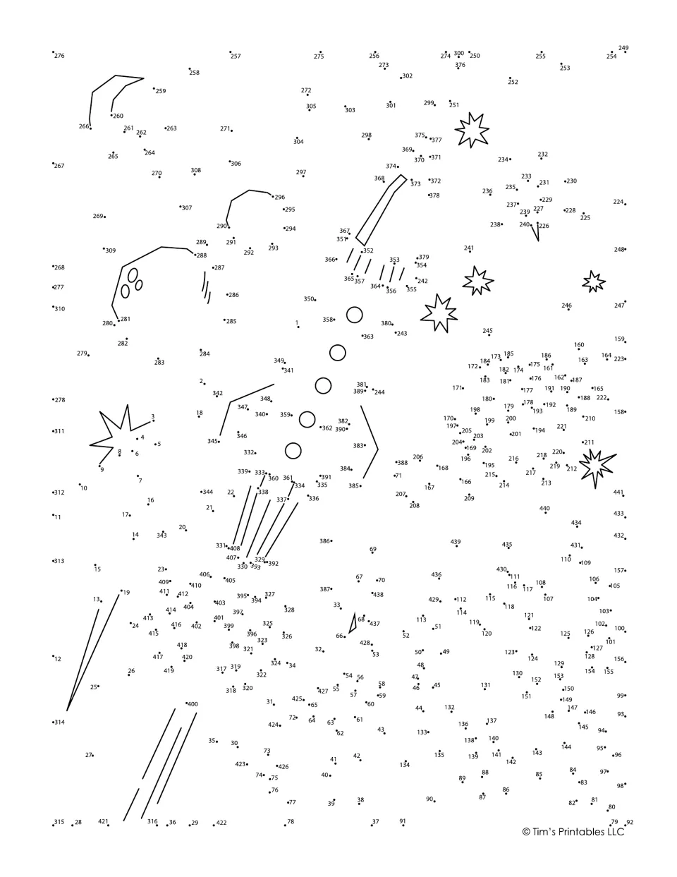 Space scene dot-to-dot: students join numbered dots from 1 to about 440 to reveal a rocket, planets and stars