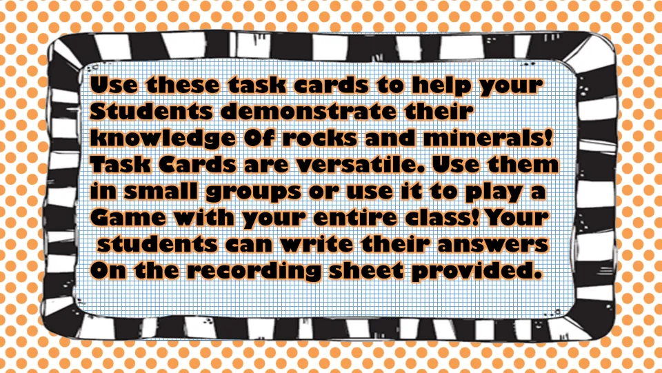Task card instructions: use rocks and minerals questions in small groups or a class game and record answers.