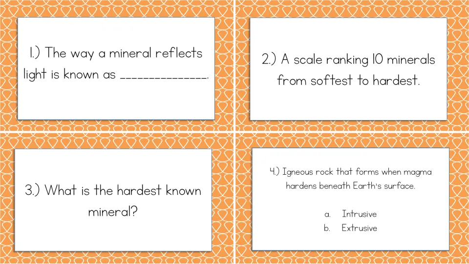 Rocks and minerals cards 1–4 ask about luster, the mineral hardness scale, diamond, and intrusive rock.