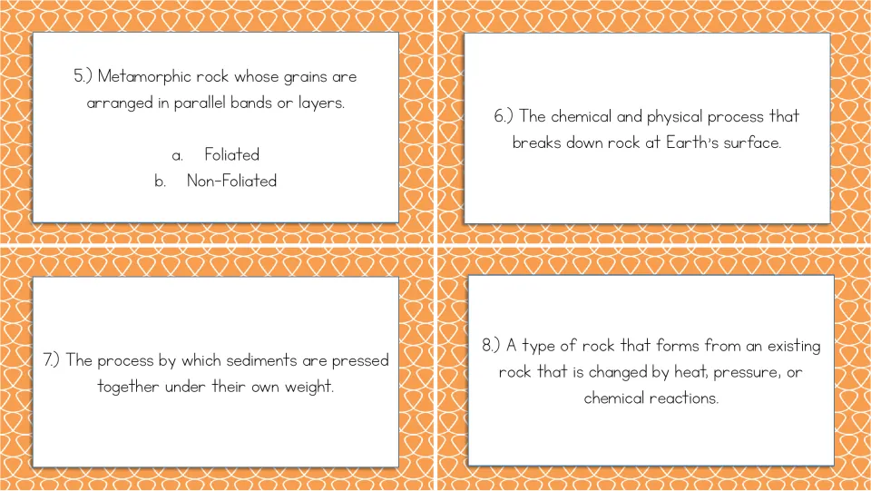 Rocks and minerals cards 5–8 cover foliated rock, weathering, sediment compaction, and metamorphic rock.