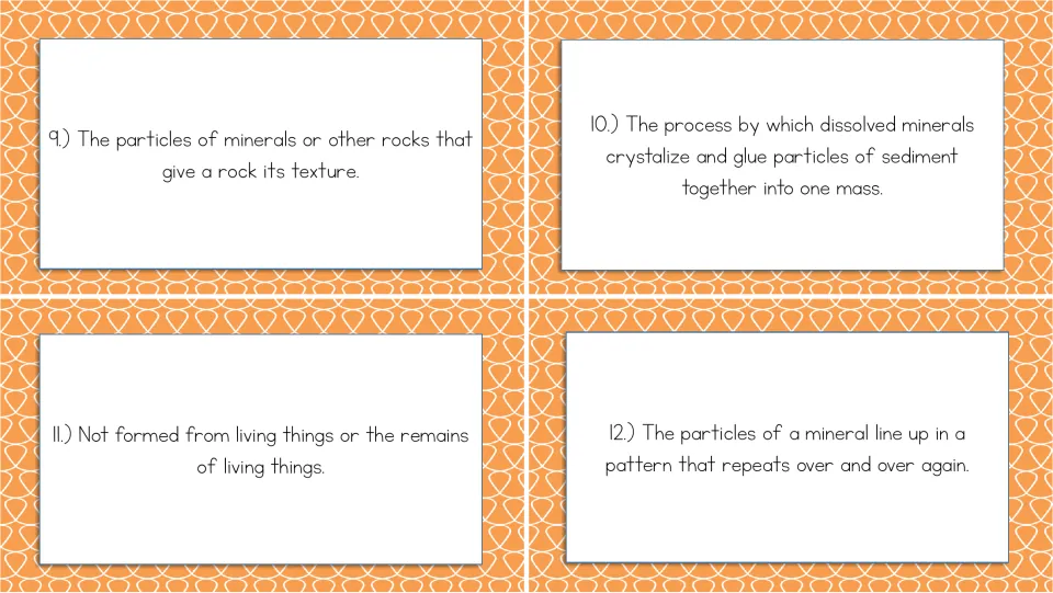 Rocks and minerals cards 9–12 ask about rock grains, cementation, inorganic materials, and crystal patterns.