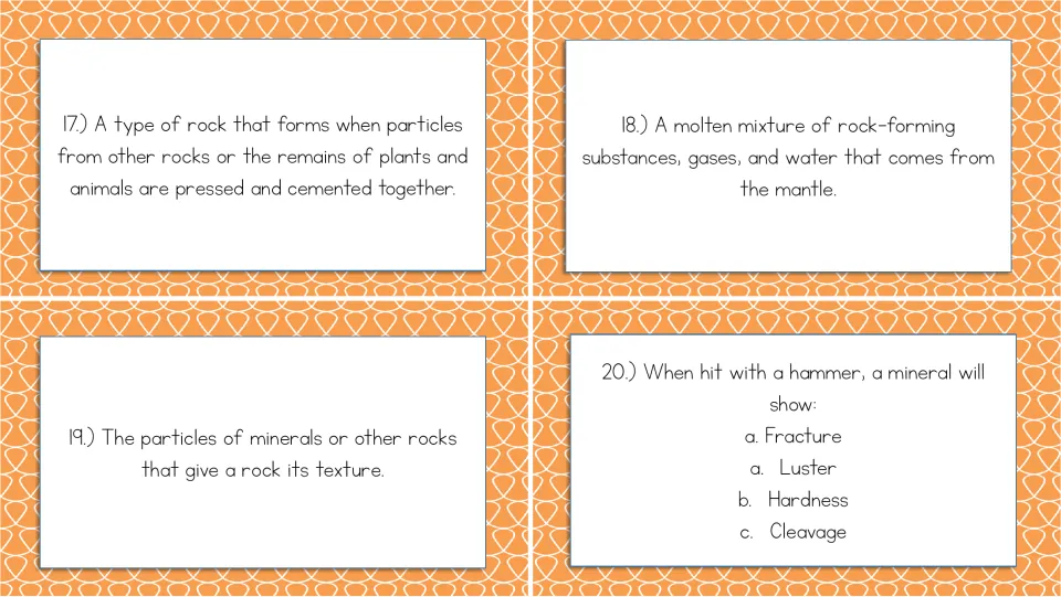 Rocks and minerals cards 17–20 cover sedimentary rock, magma, rock grains, and a mineral hit with a hammer.